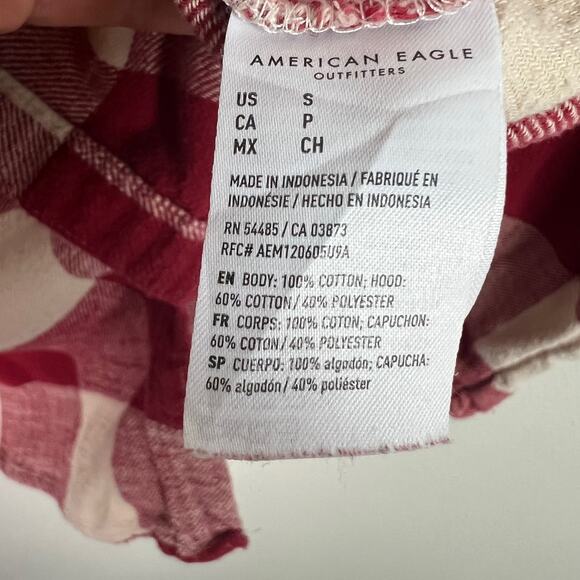American Eagle Women's Small Red and Cream Plaid Hooded Flannel Button Up Shirt - Picture 7 of 7